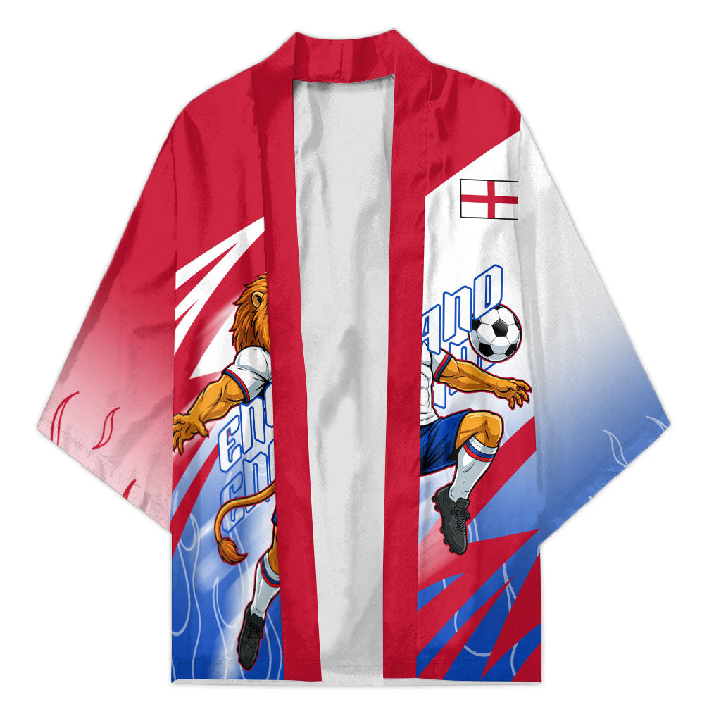 Personalized England Football Kimono Dynamic Lion Athlete Red Blue Flame