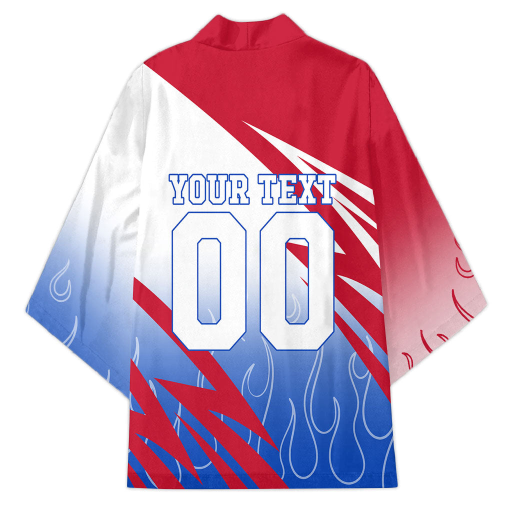 Personalized England Football Kimono Dynamic Lion Athlete Red Blue Flame