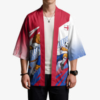Personalized England Football Kimono Dynamic Lion Athlete Red Blue Flame