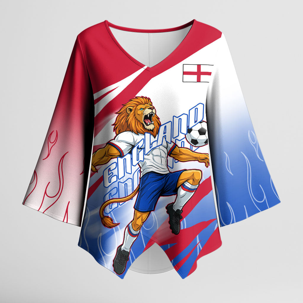Personalized England Football Kimono Sleeve Blouse Dynamic Lion Athlete Red Blue Flame