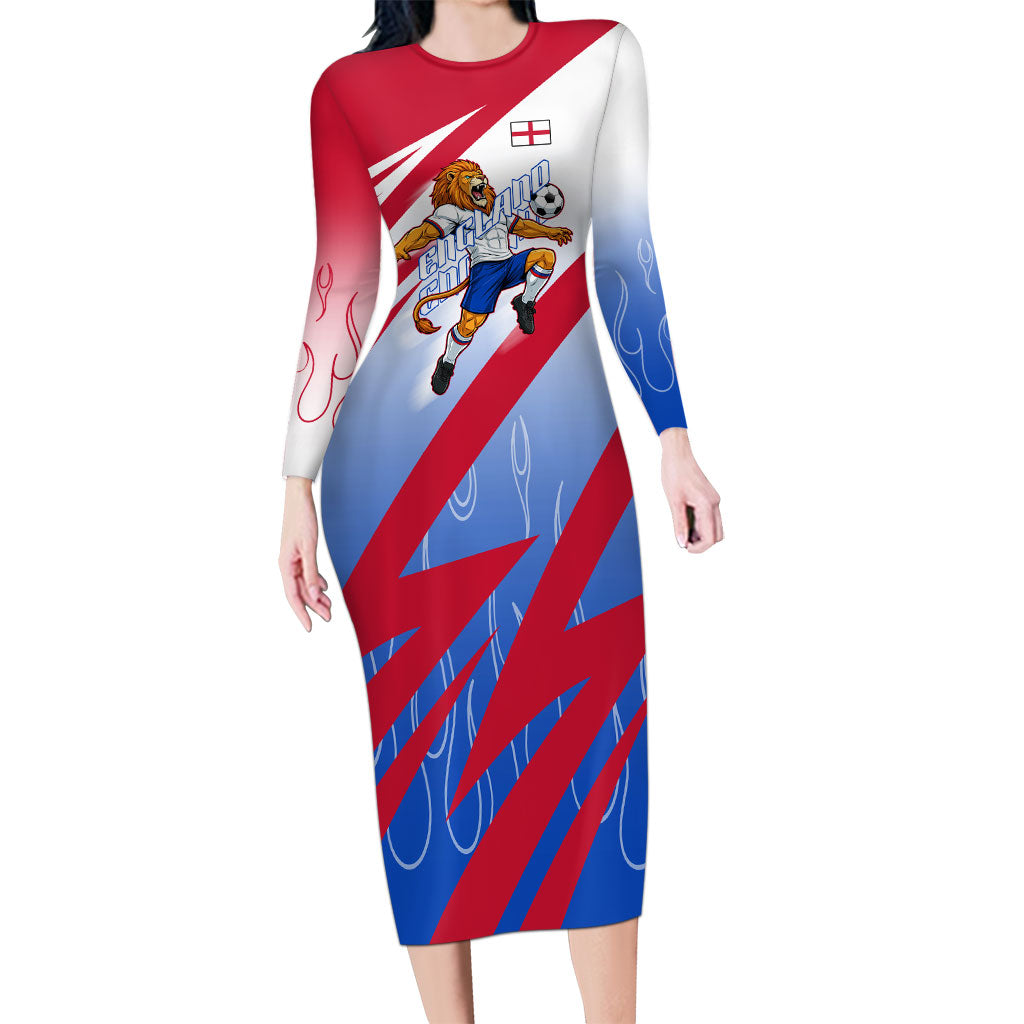 Personalized England Football Long Sleeve Bodycon Dress Dynamic Lion Athlete Red Blue Flame