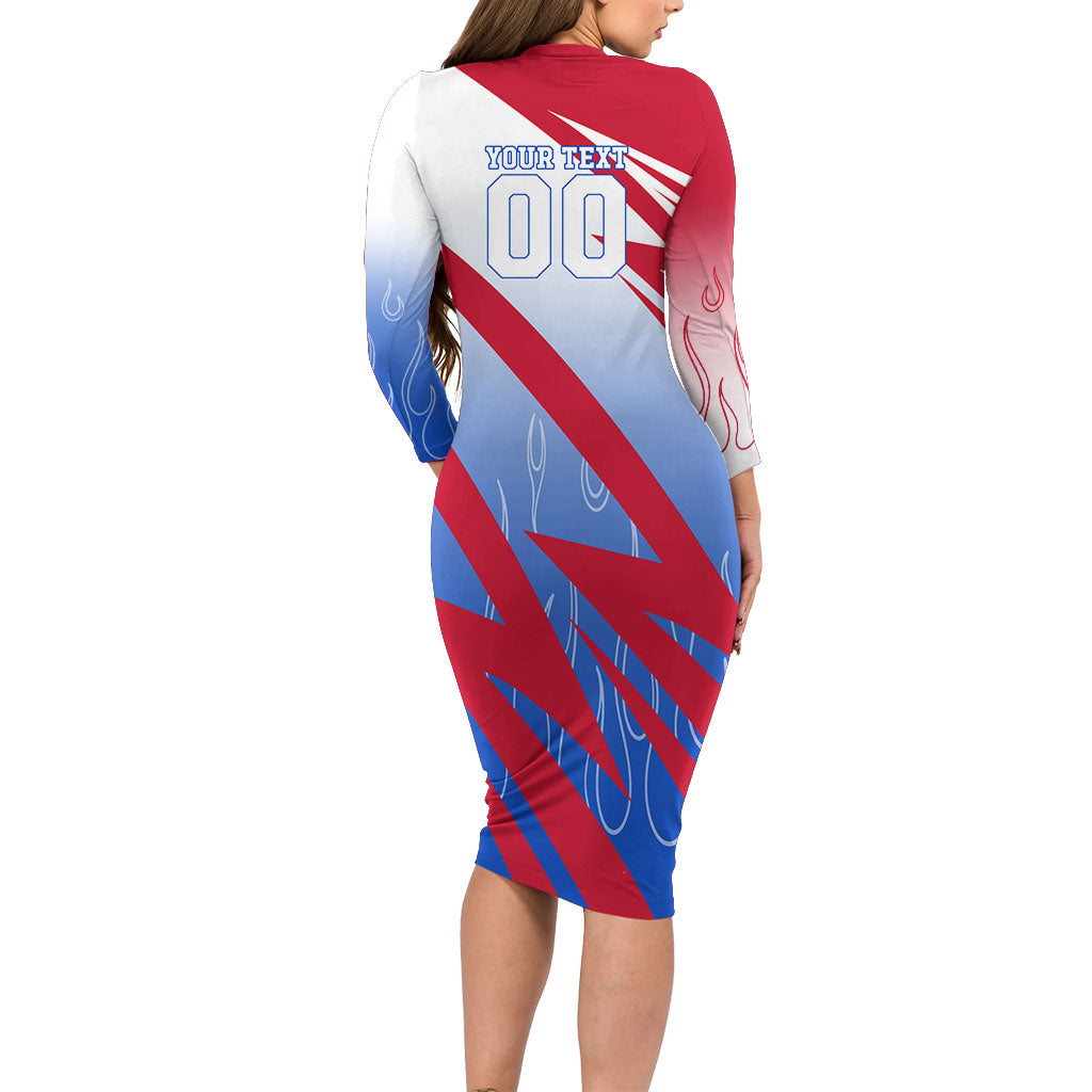 Personalized England Football Long Sleeve Bodycon Dress Dynamic Lion Athlete Red Blue Flame