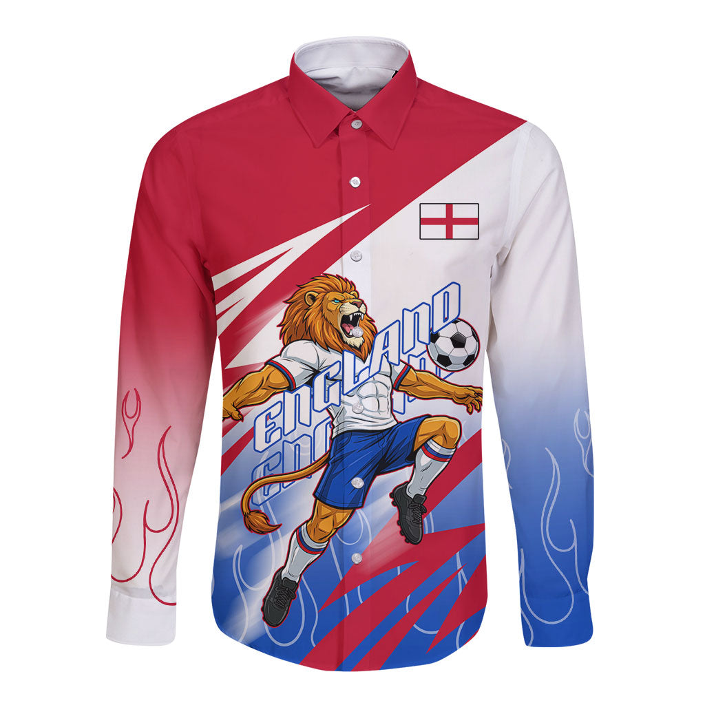 Personalized England Football Long Sleeve Button Shirt Dynamic Lion Athlete Red Blue Flame