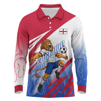 Personalized England Football Long Sleeve Polo Shirt Dynamic Lion Athlete Red Blue Flame