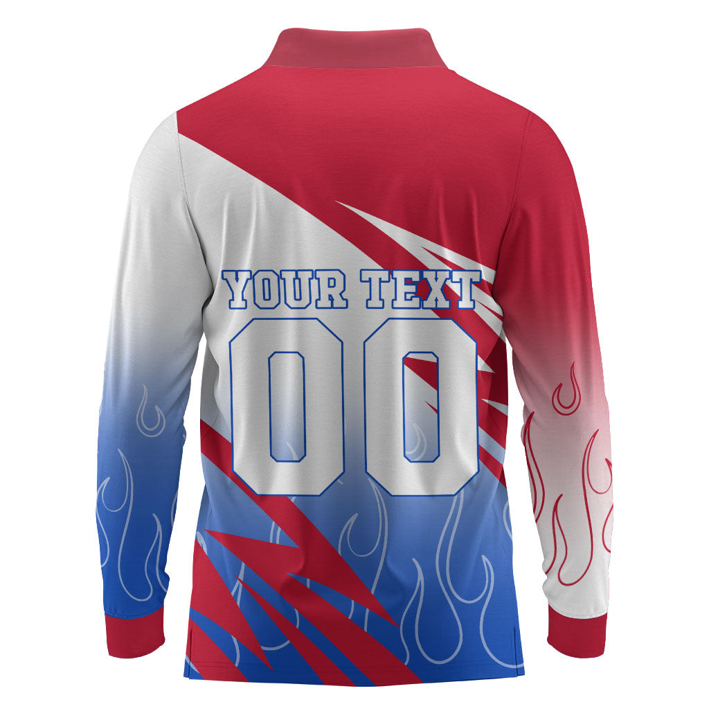 Personalized England Football Long Sleeve Polo Shirt Dynamic Lion Athlete Red Blue Flame
