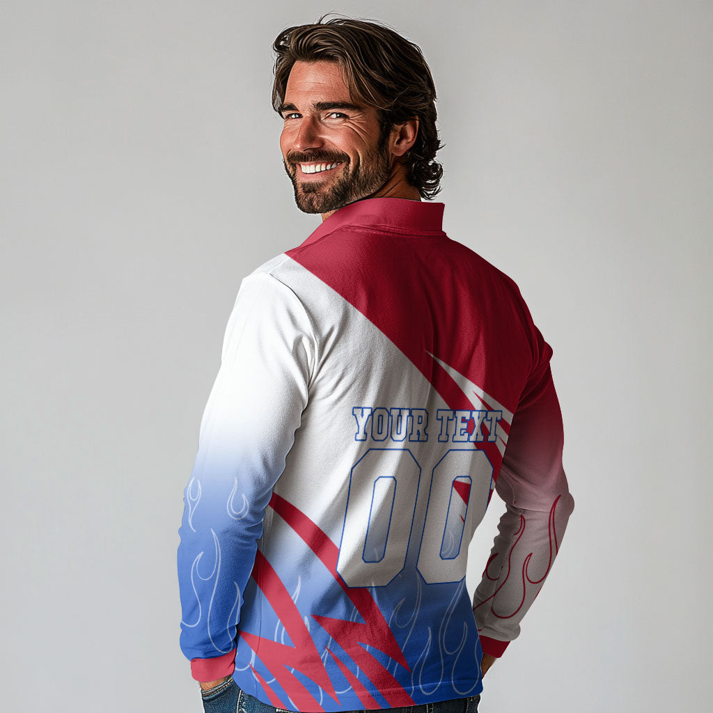 Personalized England Football Long Sleeve Polo Shirt Dynamic Lion Athlete Red Blue Flame