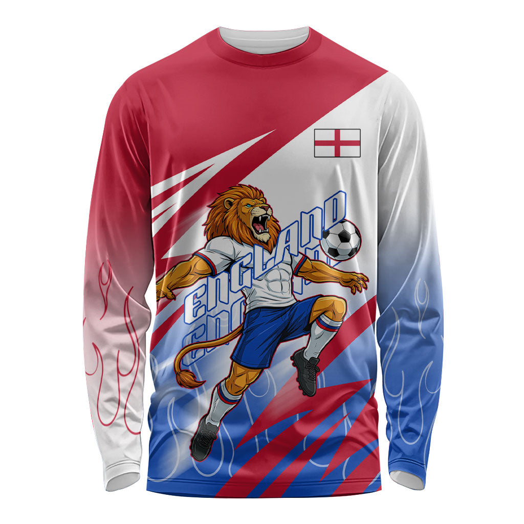 Personalized England Football Long Sleeve Shirt Dynamic Lion Athlete Red Blue Flame