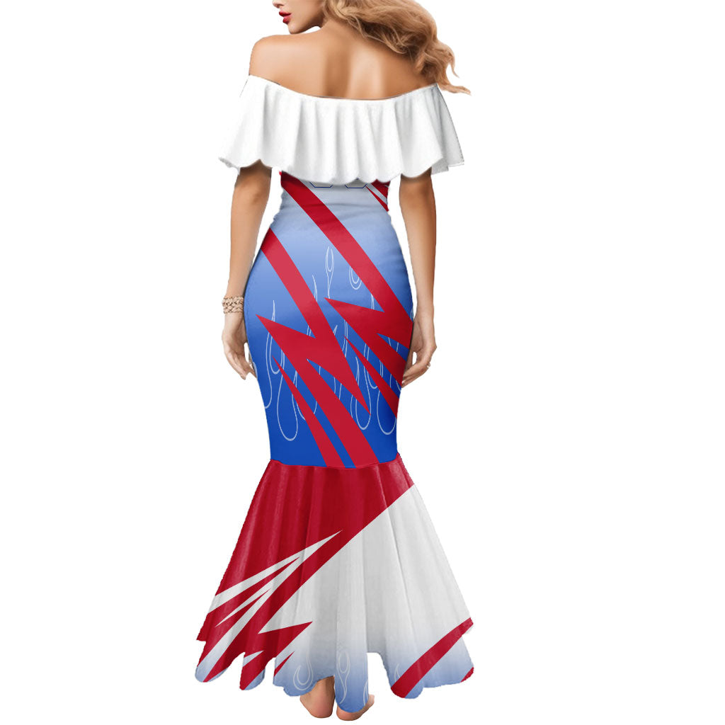 Personalized England Football Mermaid Dress Dynamic Lion Athlete Red Blue Flame