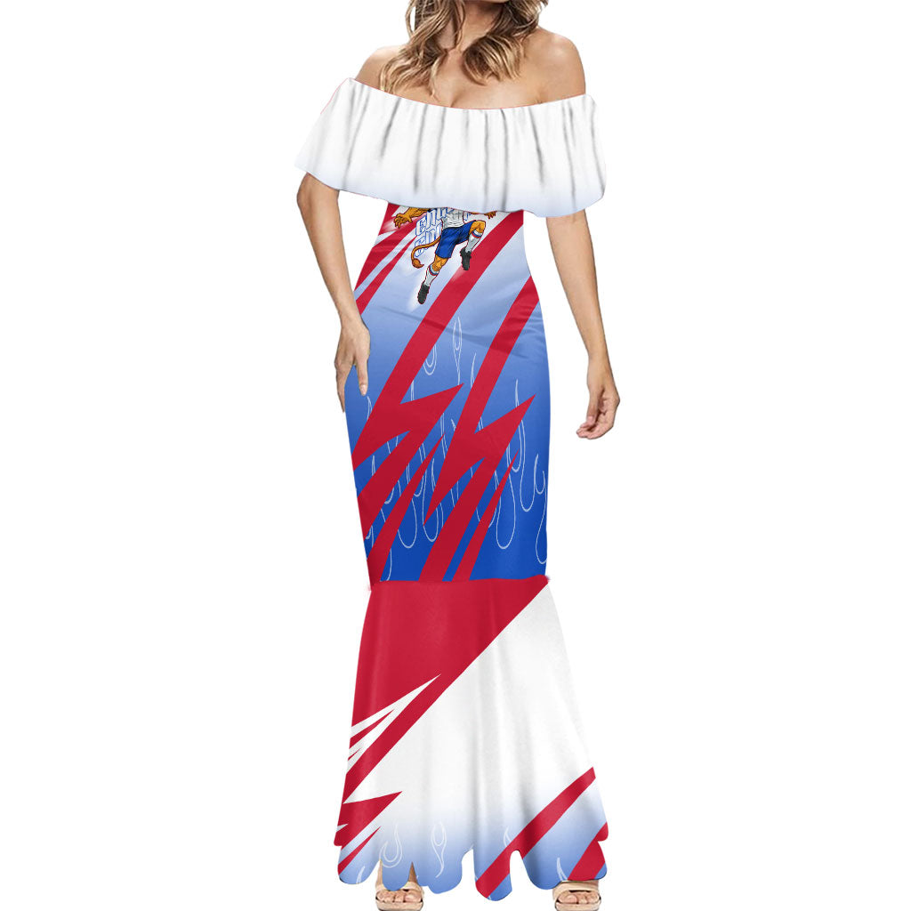 Personalized England Football Mermaid Dress Dynamic Lion Athlete Red Blue Flame