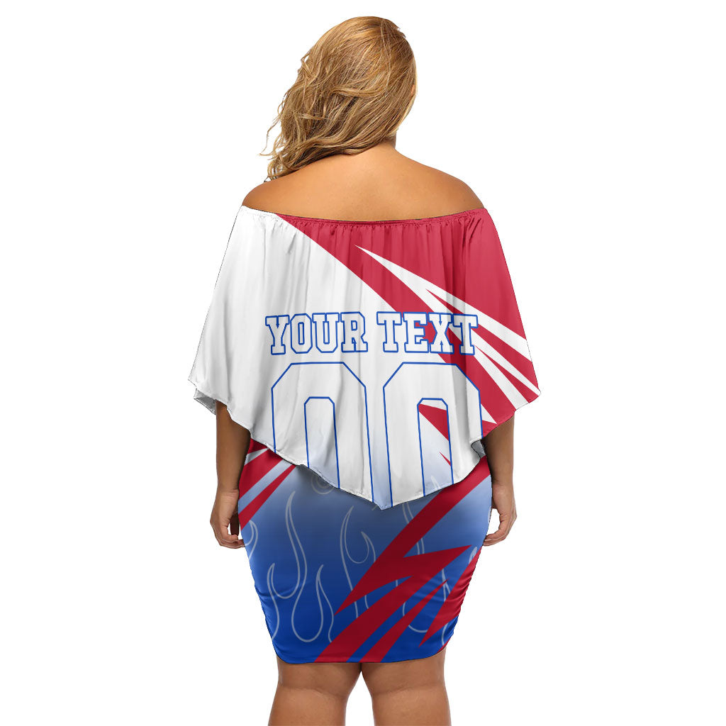 Personalized England Football Off Shoulder Short Dress Dynamic Lion Athlete Red Blue Flame