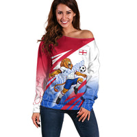 Personalized England Football Off Shoulder Sweater Dynamic Lion Athlete Red Blue Flame