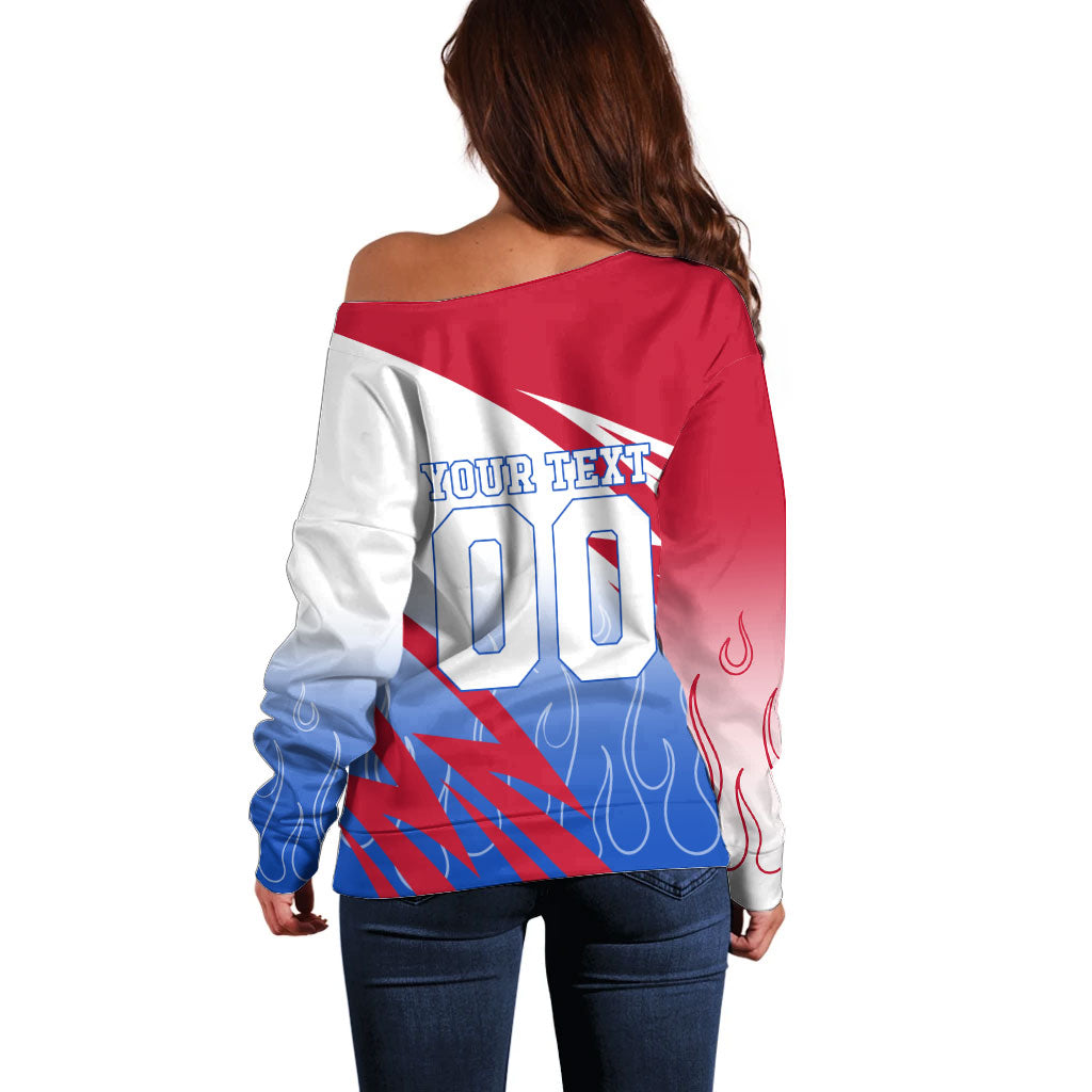 Personalized England Football Off Shoulder Sweater Dynamic Lion Athlete Red Blue Flame