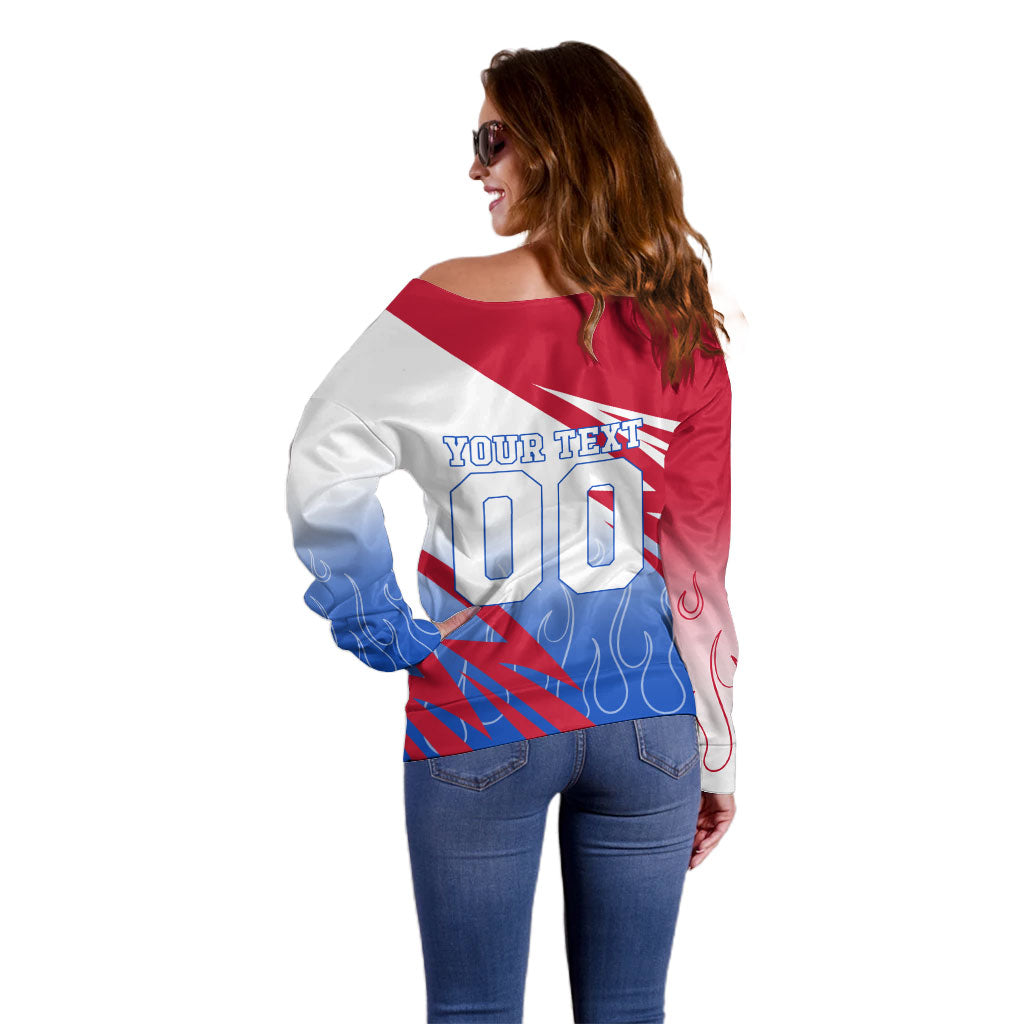 Personalized England Football Off Shoulder Sweater Dynamic Lion Athlete Red Blue Flame