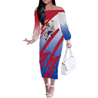 Personalized England Football Off The Shoulder Long Sleeve Dress Dynamic Lion Athlete Red Blue Flame