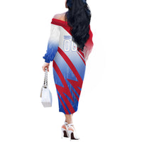 Personalized England Football Off The Shoulder Long Sleeve Dress Dynamic Lion Athlete Red Blue Flame