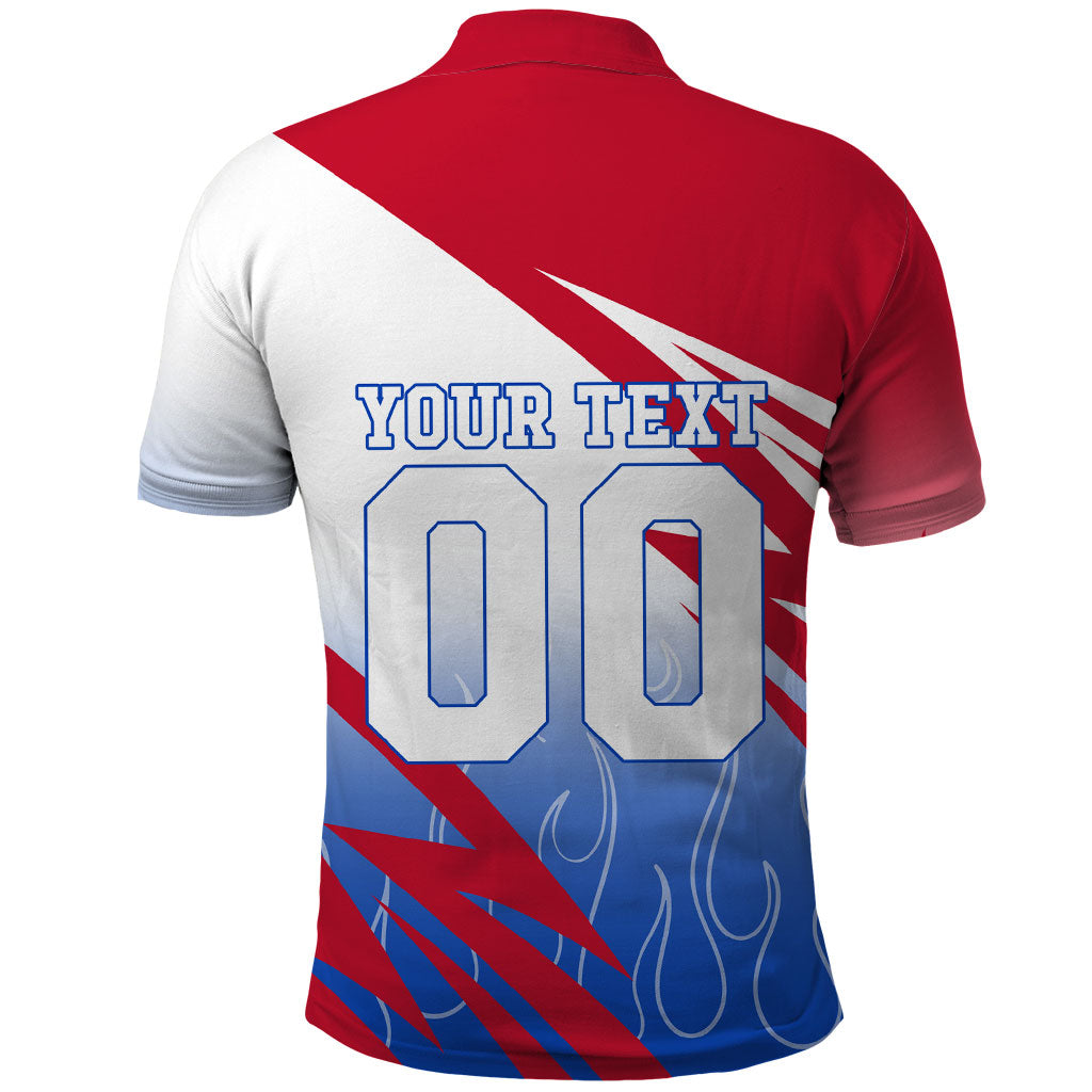 Personalized England Football Polo Shirt Dynamic Lion Athlete Red Blue Flame