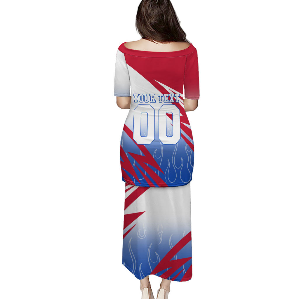 Personalized England Football Puletasi Dynamic Lion Athlete Red Blue Flame