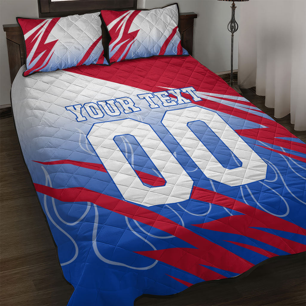 Personalized England Football Quilt Bed Set Dynamic Lion Athlete Red Blue Flame