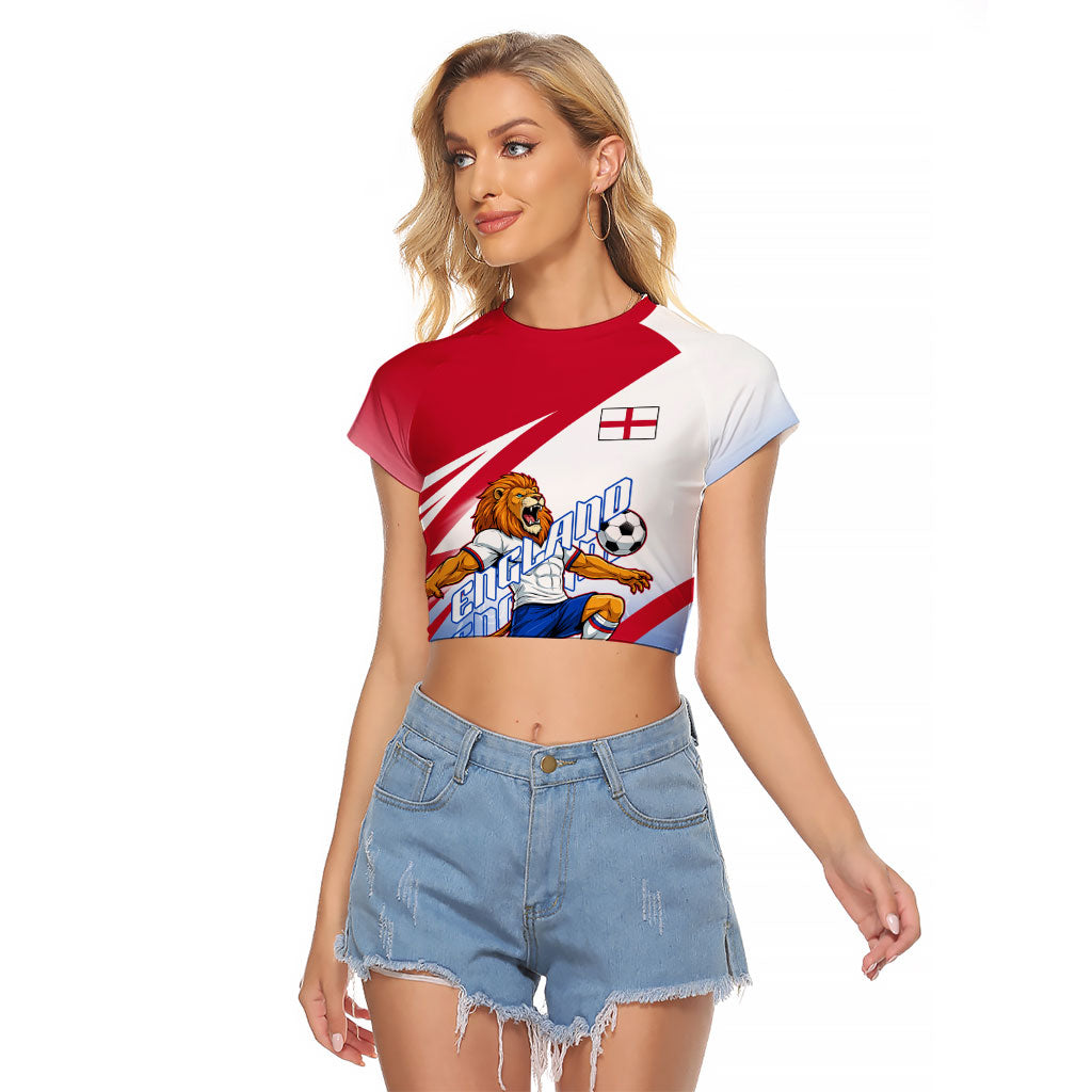 Personalized England Football Raglan Cropped T Shirt Dynamic Lion Athlete Red Blue Flame