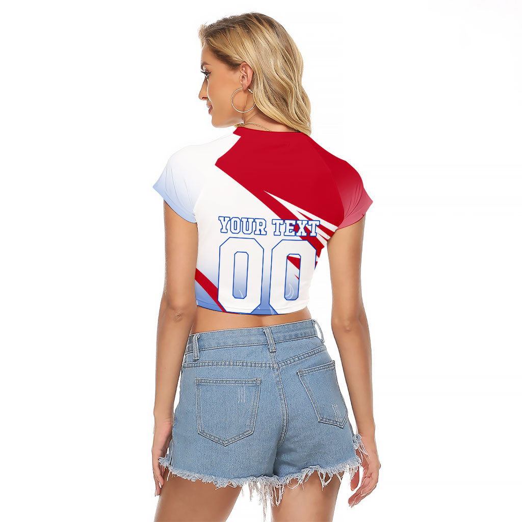 Personalized England Football Raglan Cropped T Shirt Dynamic Lion Athlete Red Blue Flame