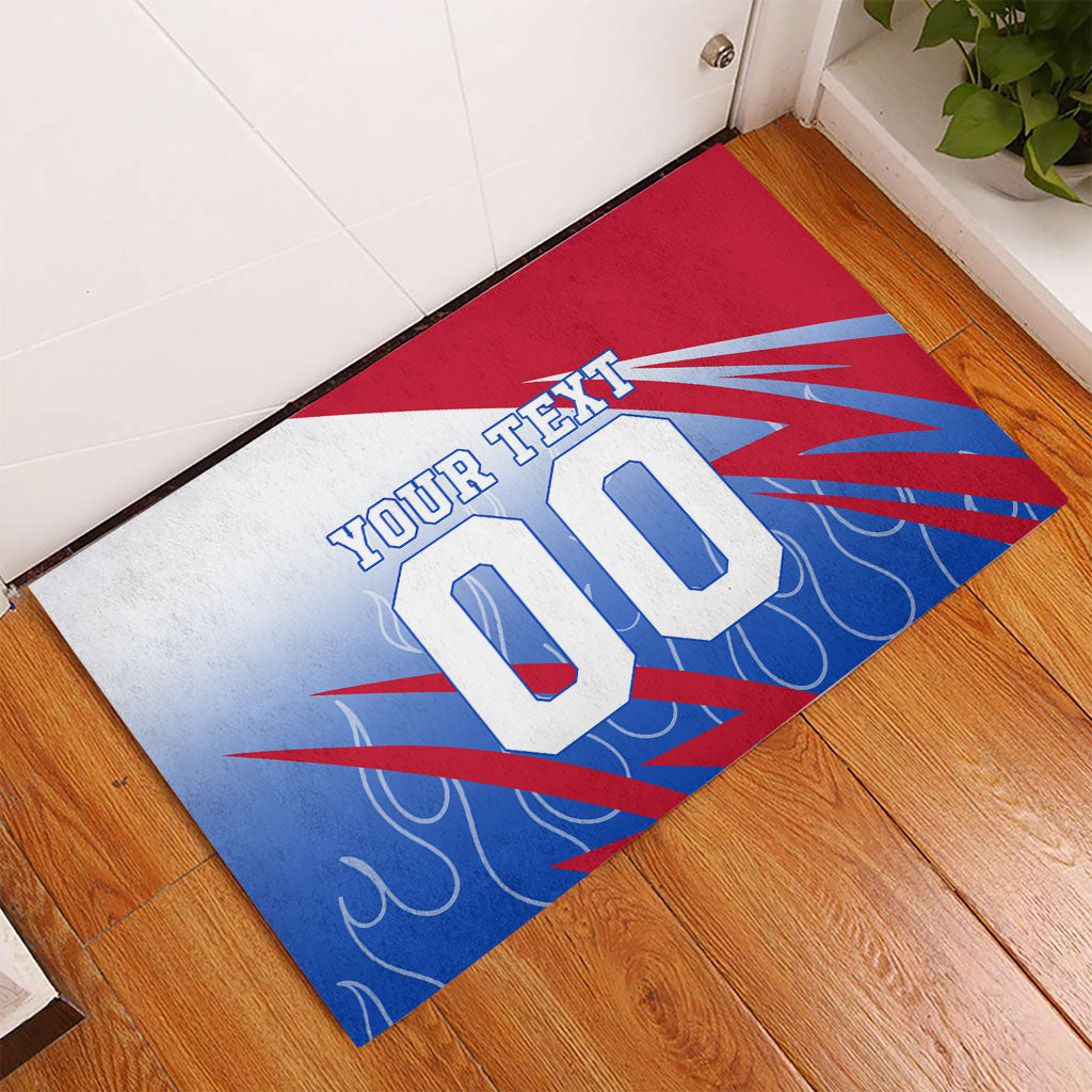 Personalized England Football Rubber Doormat Dynamic Lion Athlete Red Blue Flame