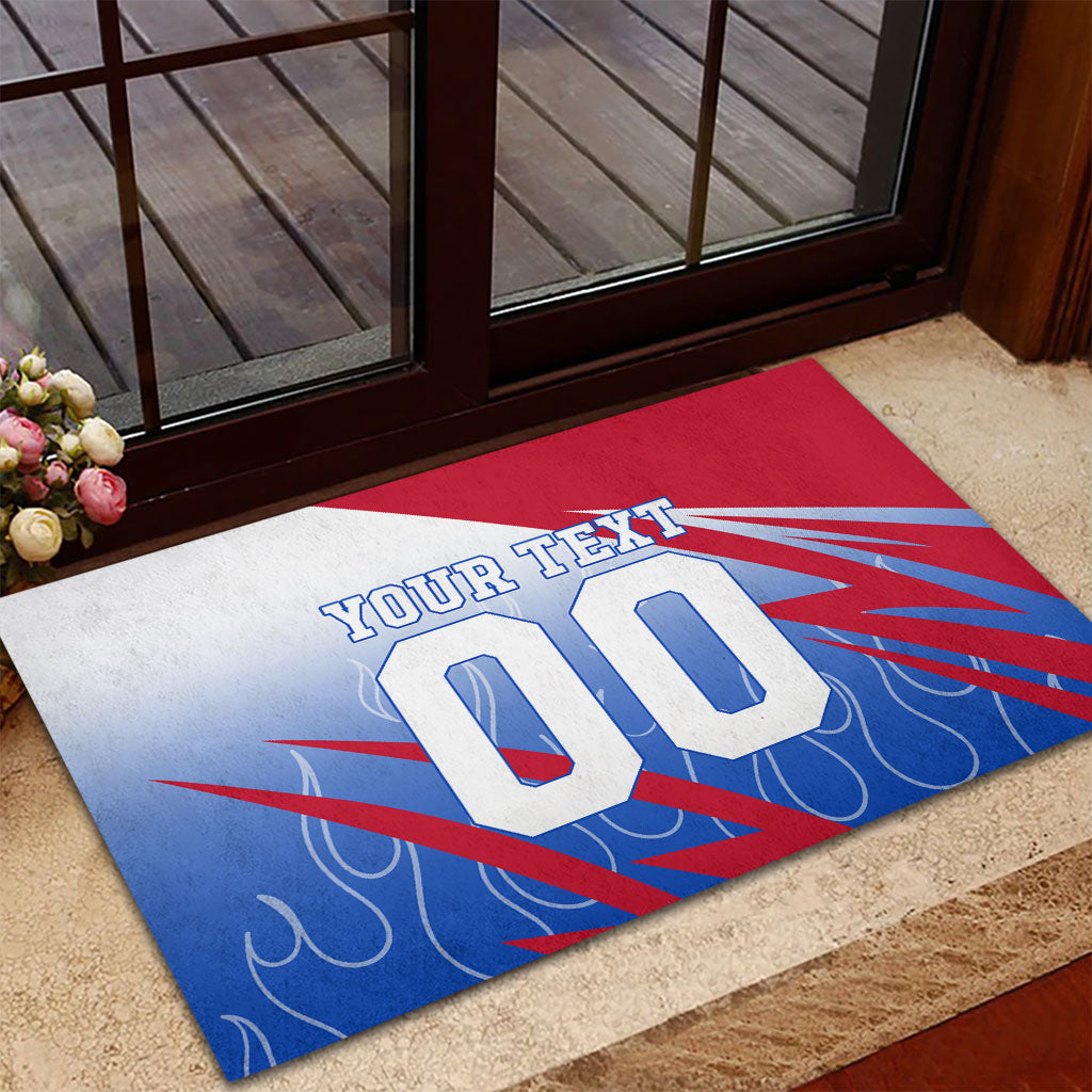Personalized England Football Rubber Doormat Dynamic Lion Athlete Red Blue Flame