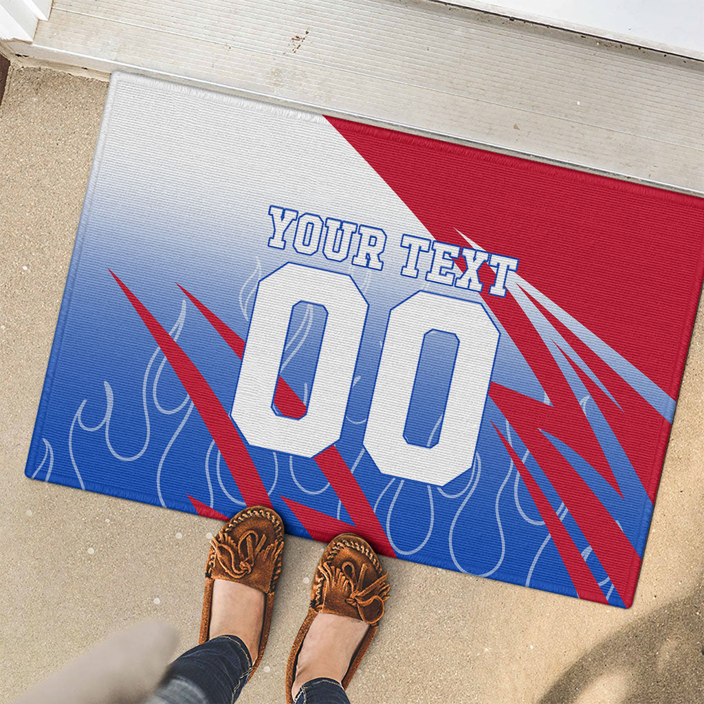 Personalized England Football Rubber Doormat Dynamic Lion Athlete Red Blue Flame