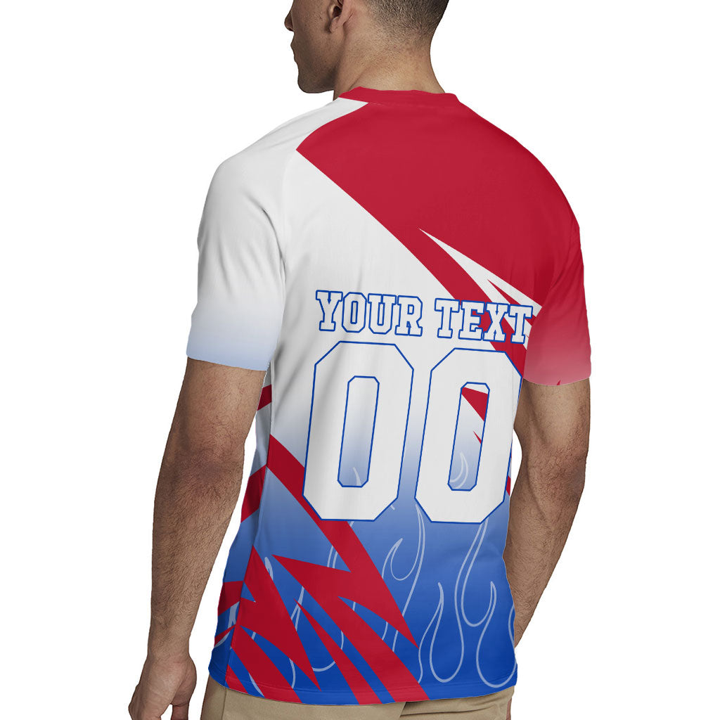 Personalized England Football Rugby Jersey Dynamic Lion Athlete Red Blue Flame
