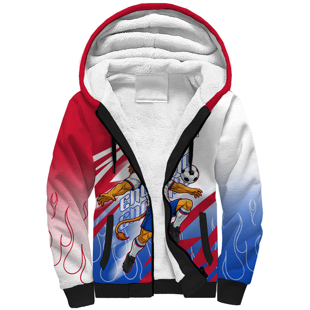 Personalized England Football Sherpa Hoodie Dynamic Lion Athlete Red Blue Flame
