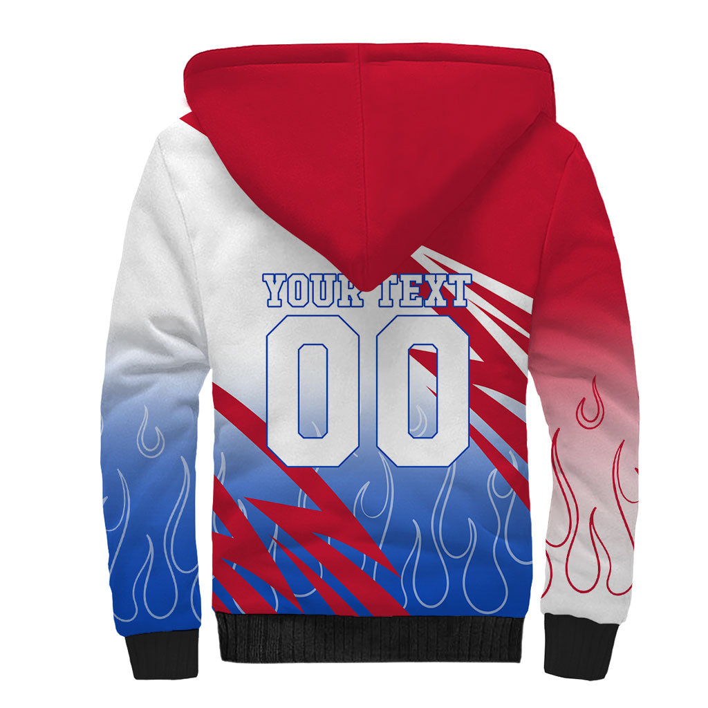 Personalized England Football Sherpa Hoodie Dynamic Lion Athlete Red Blue Flame