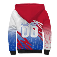 Personalized England Football Sherpa Hoodie Dynamic Lion Athlete Red Blue Flame