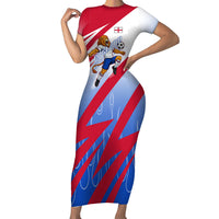 Personalized England Football Short Sleeve Bodycon Dress Dynamic Lion Athlete Red Blue Flame