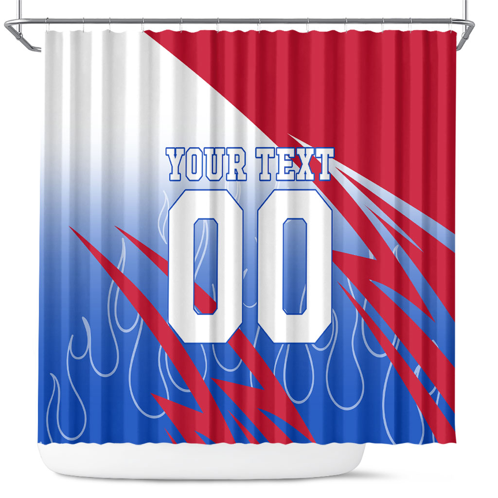Personalized England Football Shower Curtain Dynamic Lion Athlete Red Blue Flame