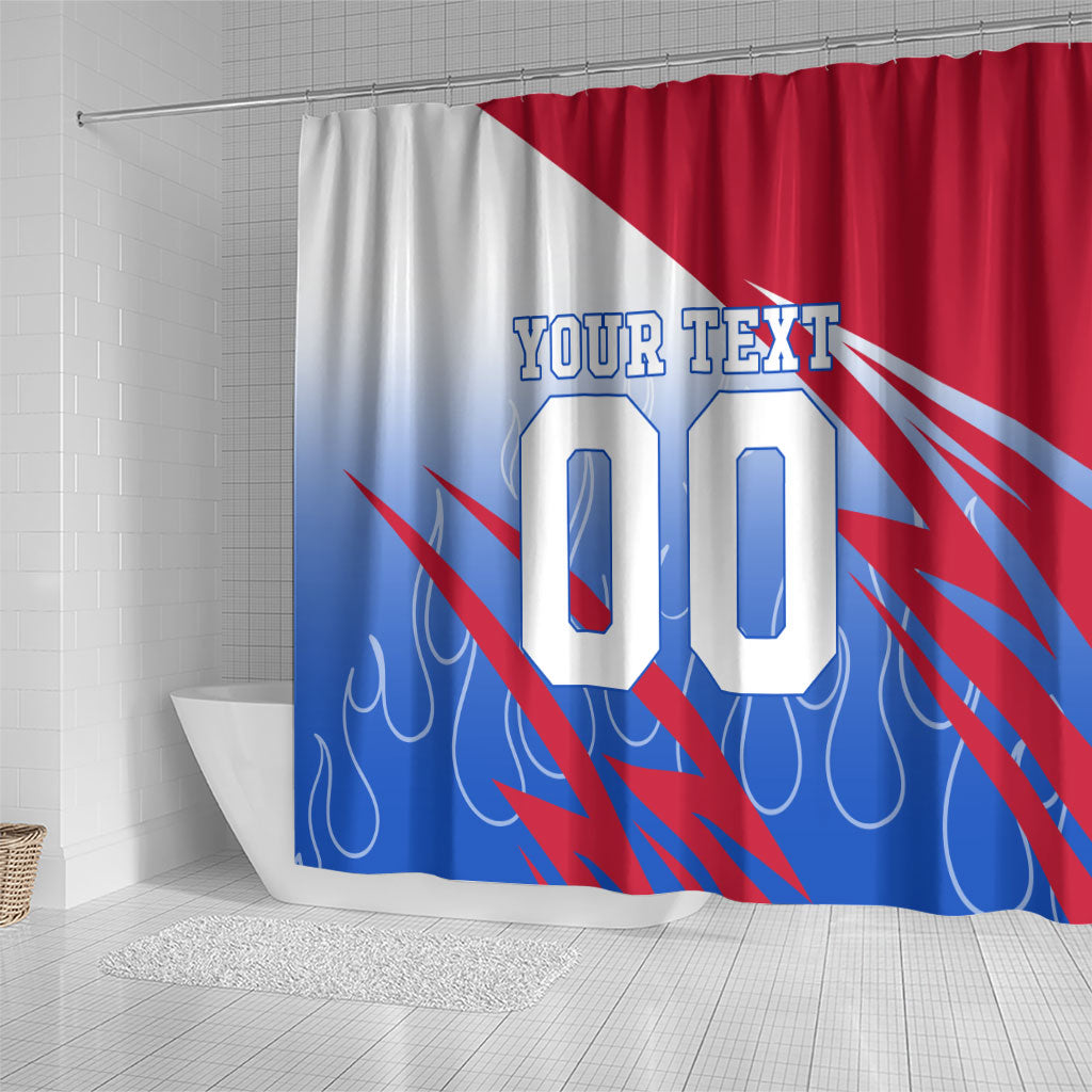 Personalized England Football Shower Curtain Dynamic Lion Athlete Red Blue Flame
