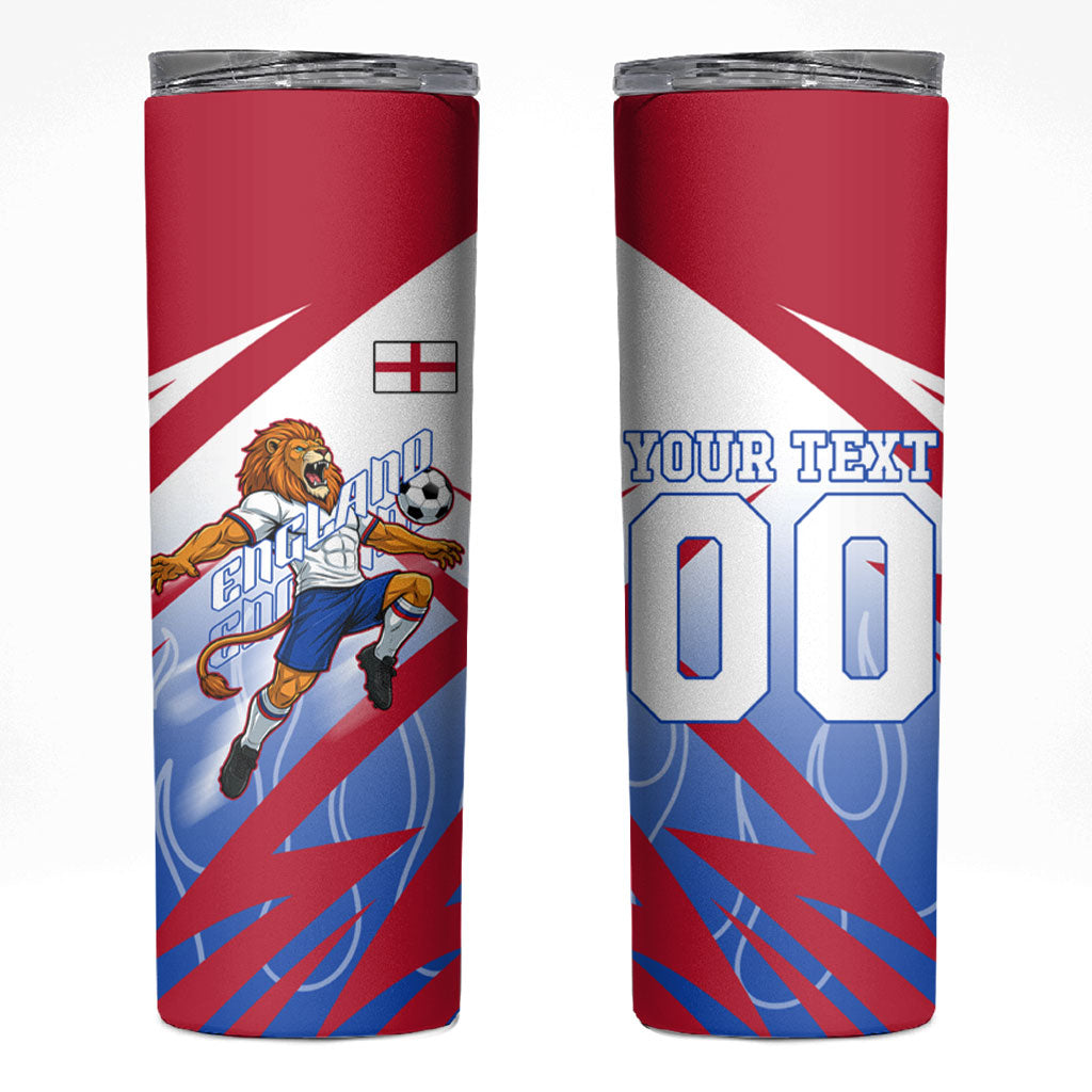 Personalized England Football Skinny Tumbler Dynamic Lion Athlete Red Blue Flame