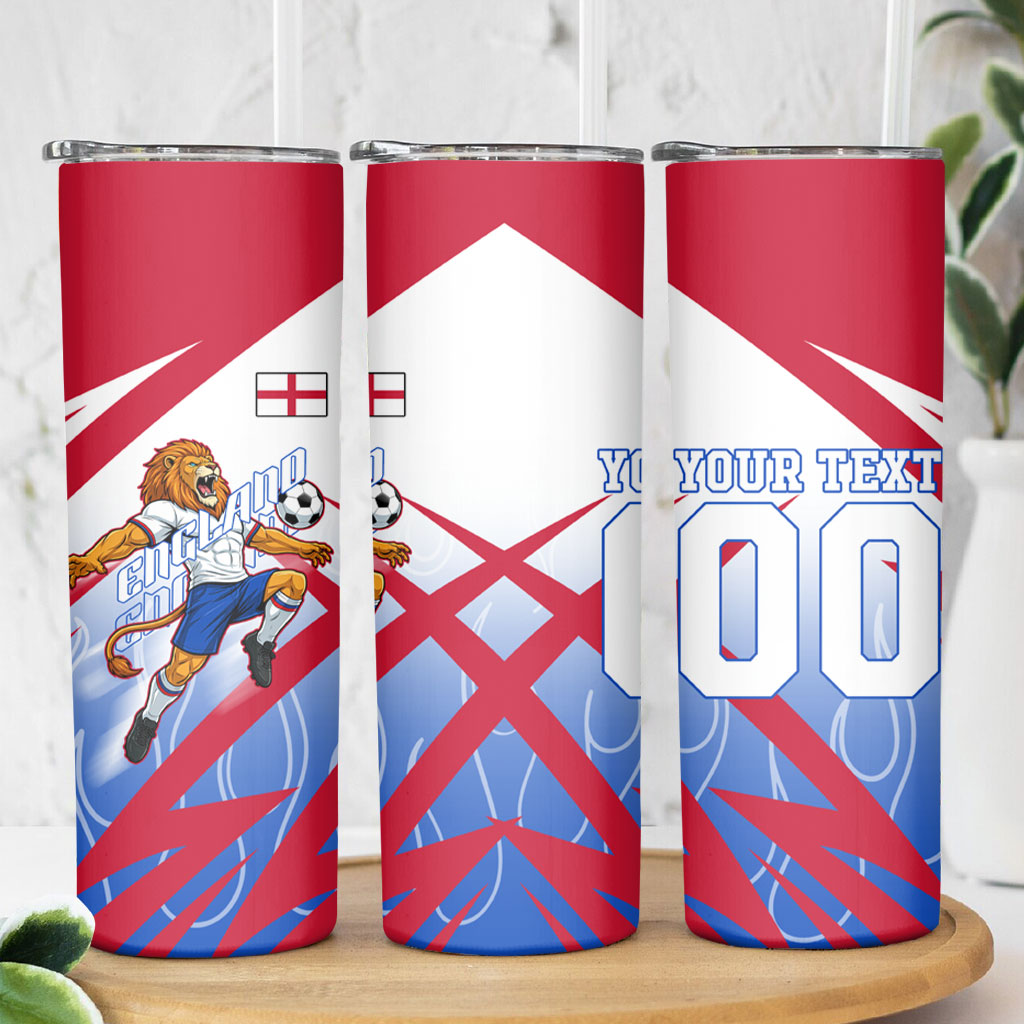 Personalized England Football Skinny Tumbler Dynamic Lion Athlete Red Blue Flame