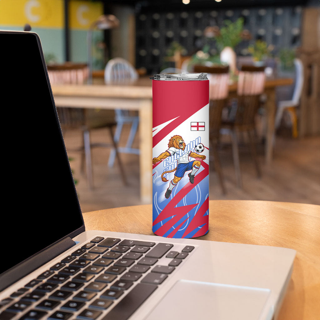 Personalized England Football Skinny Tumbler Dynamic Lion Athlete Red Blue Flame