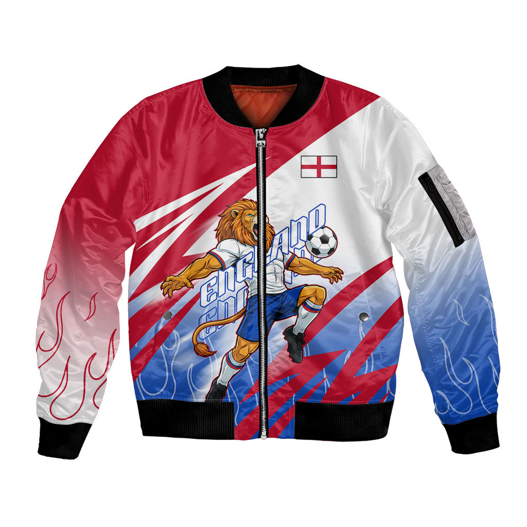 Personalized England Football Sleeve Zip Bomber Jacket Dynamic Lion Athlete Red Blue Flame