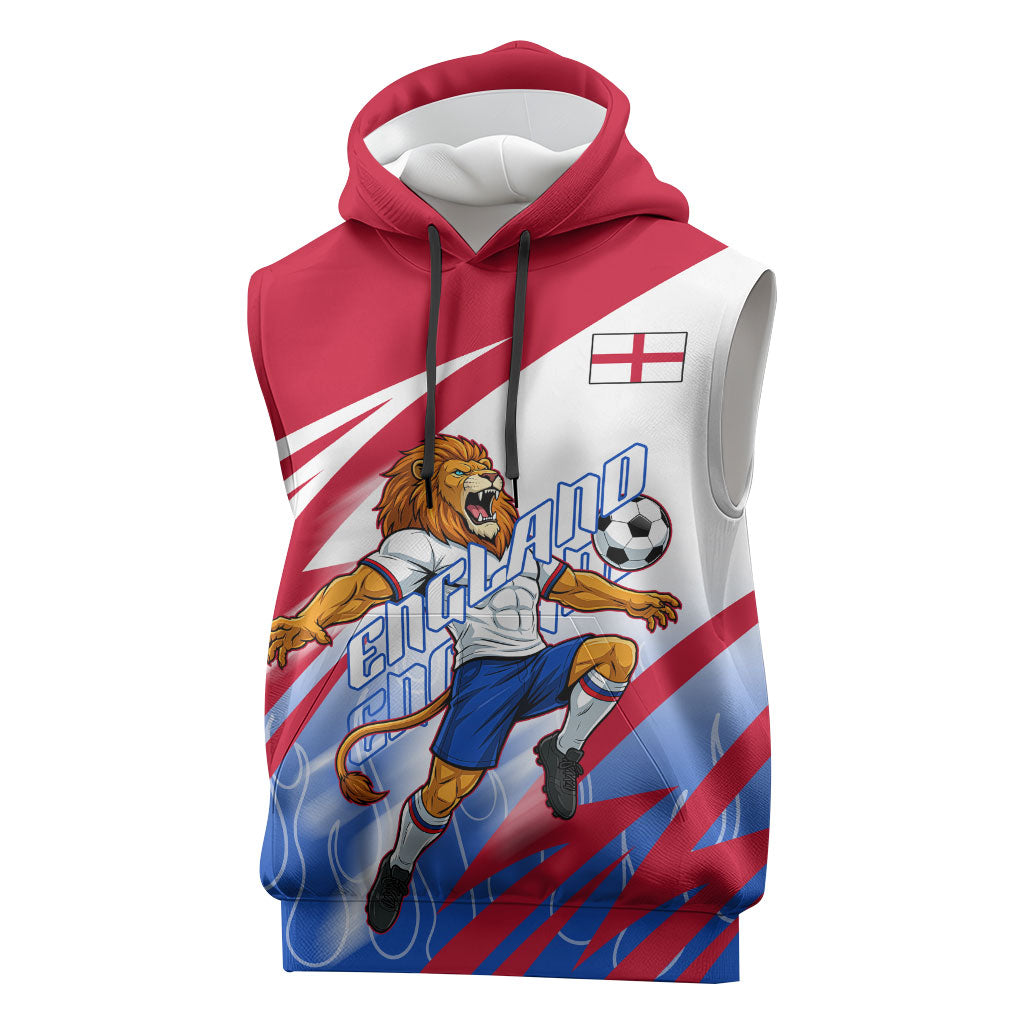 Personalized England Football Sleeveless Hoodie Dynamic Lion Athlete Red Blue Flame