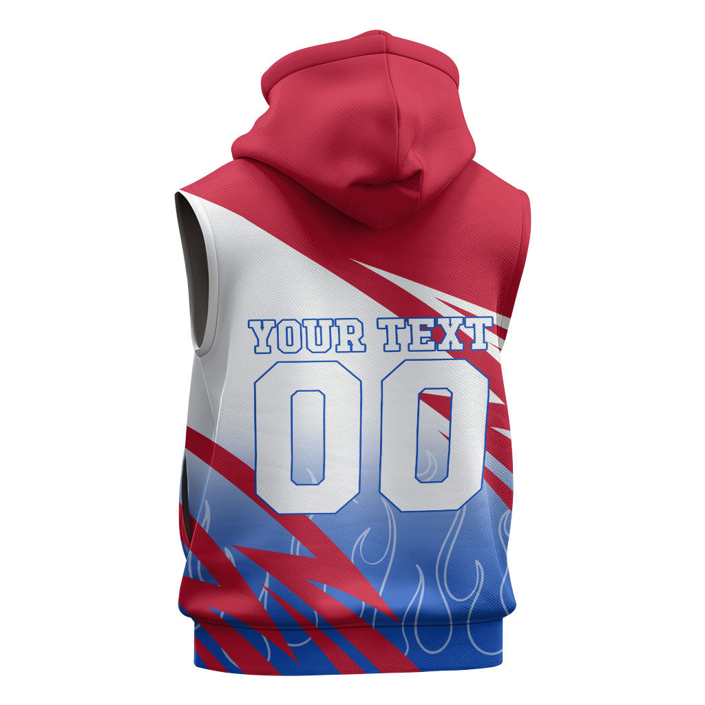 Personalized England Football Sleeveless Hoodie Dynamic Lion Athlete Red Blue Flame