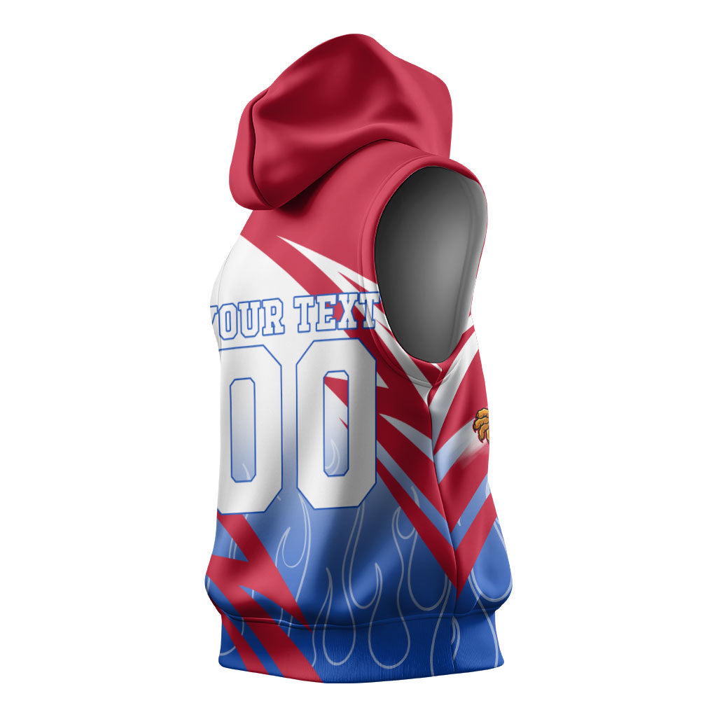 Personalized England Football Sleeveless Hoodie Dynamic Lion Athlete Red Blue Flame