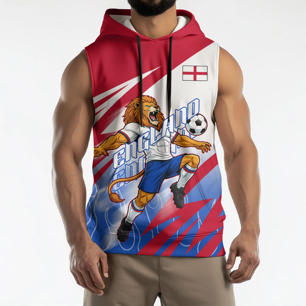 Personalized England Football Sleeveless Hoodie Dynamic Lion Athlete Red Blue Flame