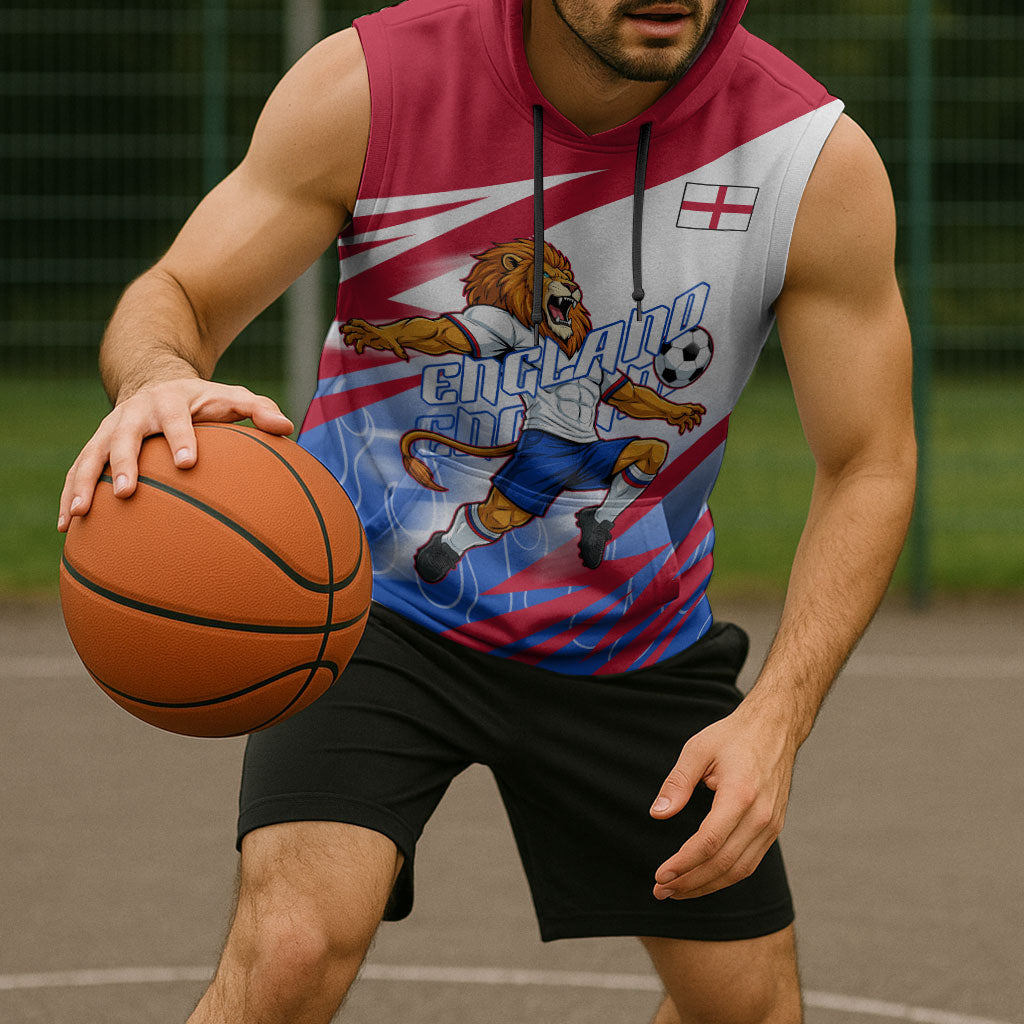 Personalized England Football Sleeveless Hoodie Dynamic Lion Athlete Red Blue Flame
