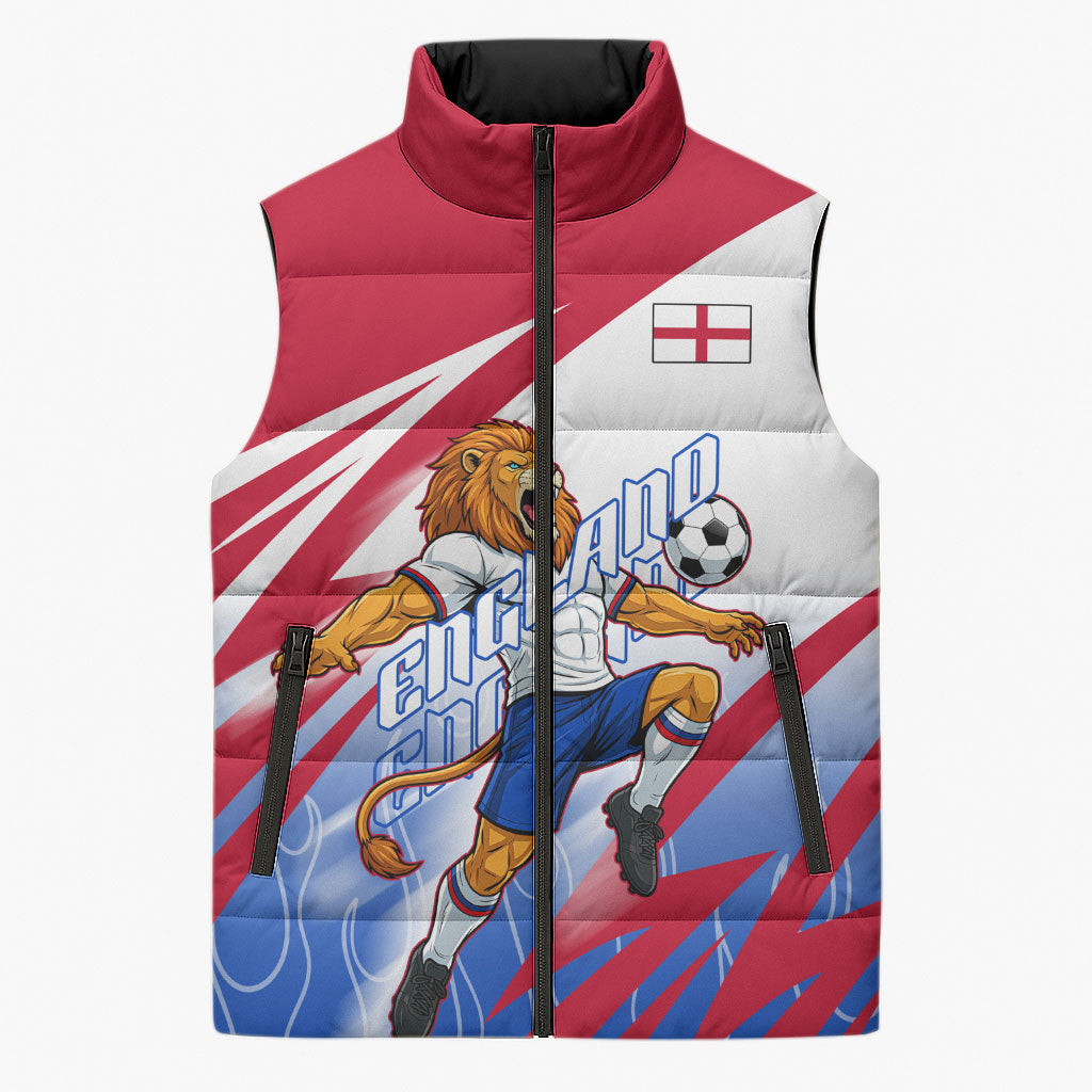 Personalized England Football Sleeveless Puffer Jacket Dynamic Lion Athlete Red Blue Flame