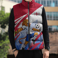 Personalized England Football Sleeveless Puffer Jacket Dynamic Lion Athlete Red Blue Flame