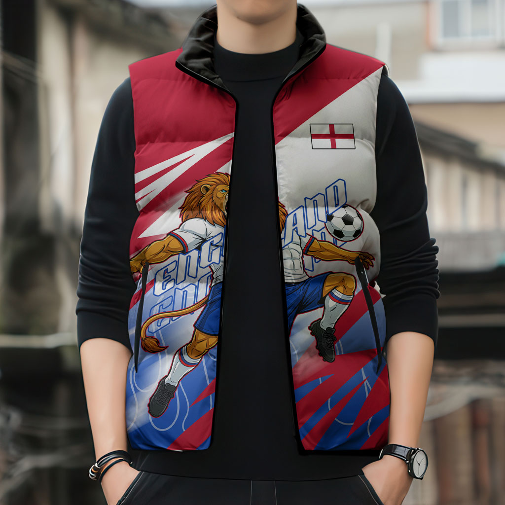 Personalized England Football Sleeveless Puffer Jacket Dynamic Lion Athlete Red Blue Flame