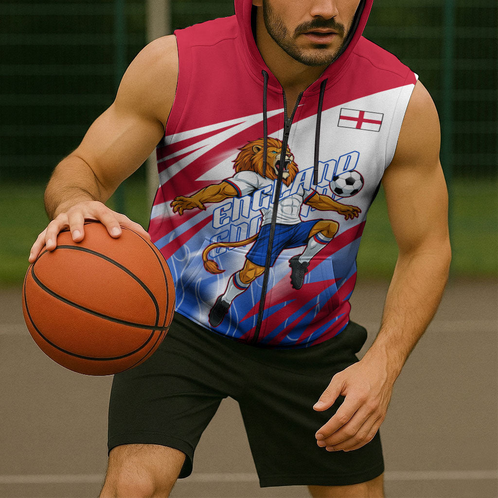 Personalized England Football Sleeveless Zip Hoodie Dynamic Lion Athlete Red Blue Flame