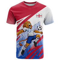 Personalized England Football T Shirt Dynamic Lion Athlete Red Blue Flame