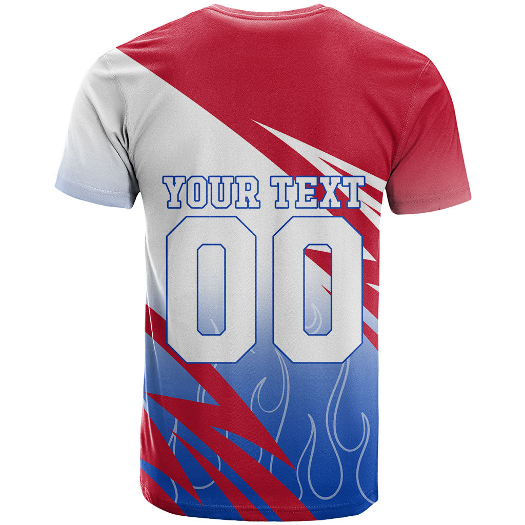 Personalized England Football T Shirt Dynamic Lion Athlete Red Blue Flame