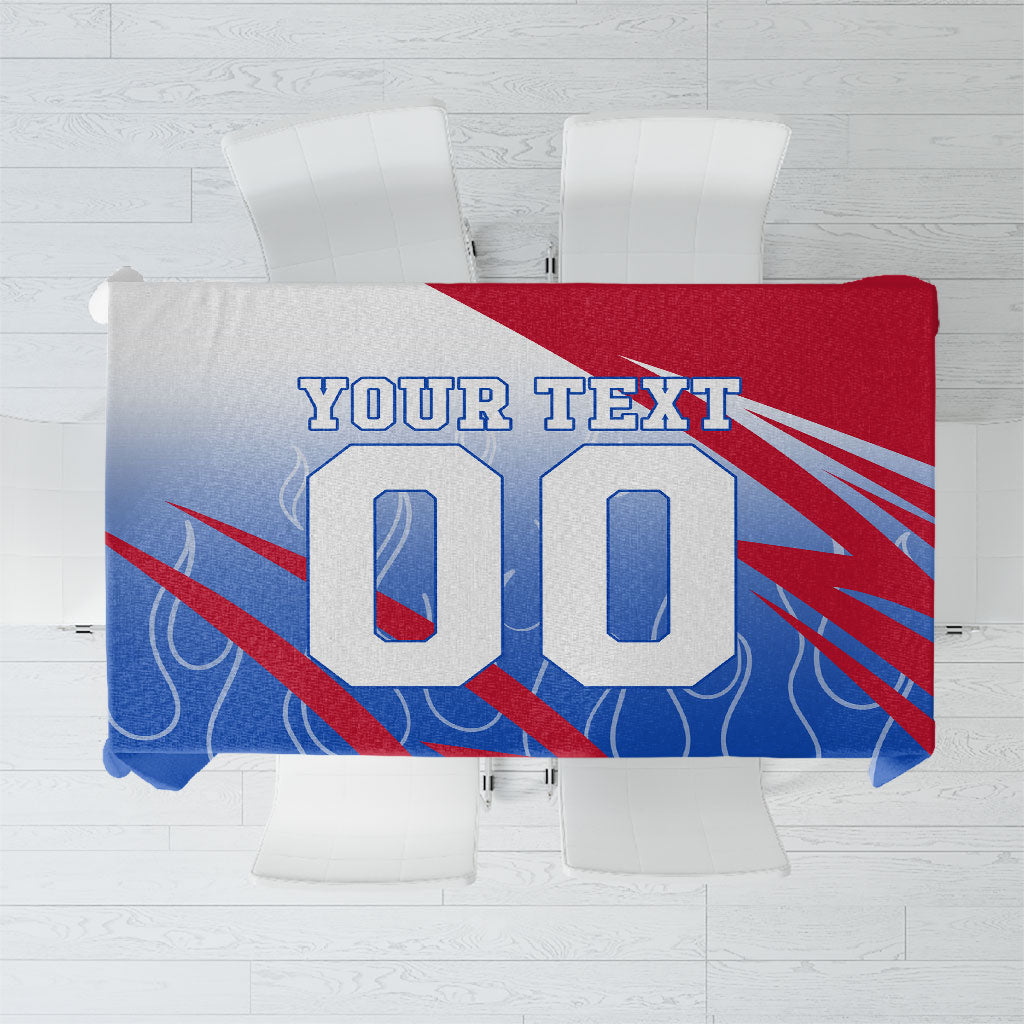 Personalized England Football Tablecloth Dynamic Lion Athlete Red Blue Flame